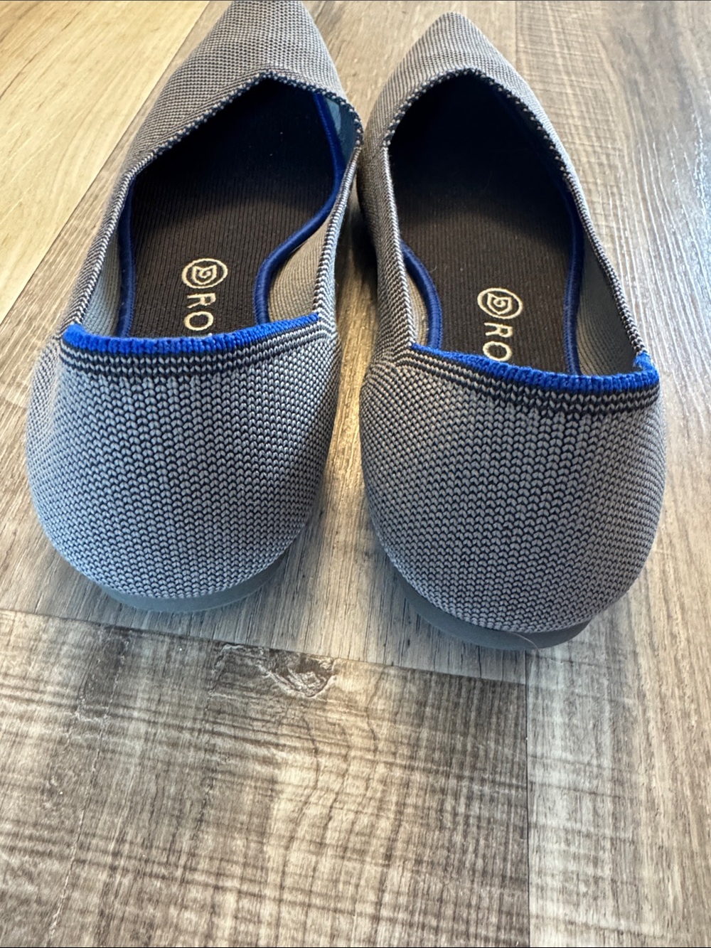 Rothy's Pointed Knit Flats in Gray with Blue Trim - Picture 2 of 4